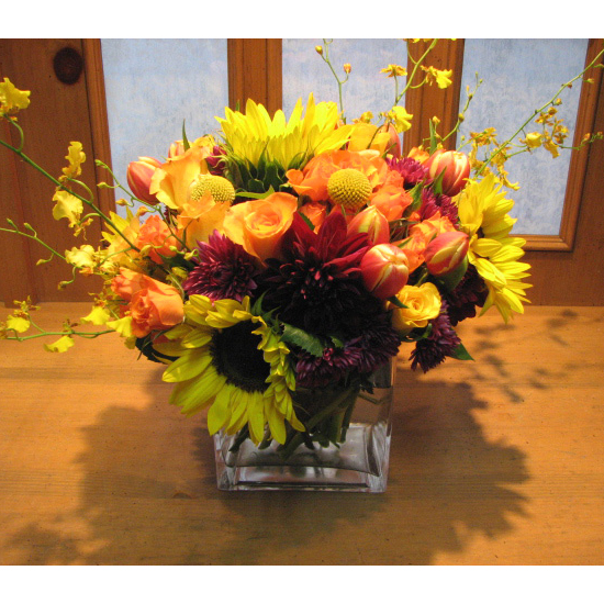 Glass Square w/ Sunflowers, Roses & Orchids