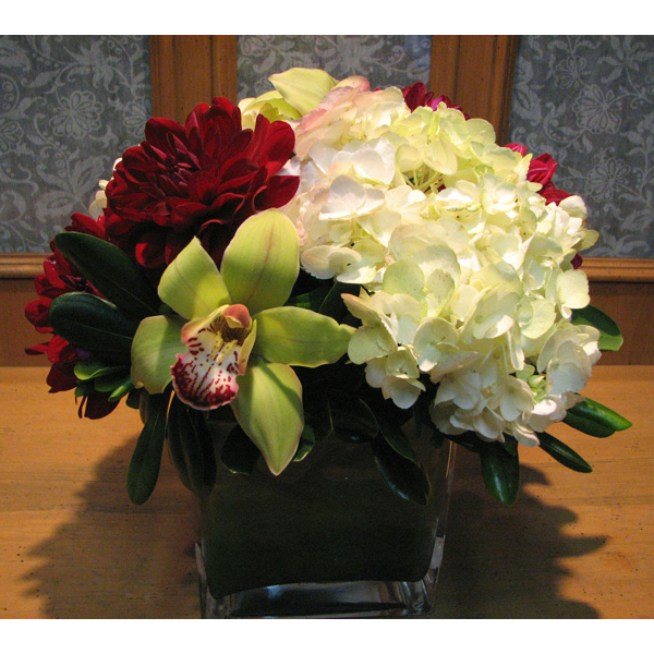 Square Glass w/ Orchids, Dahlias & Hydrangea
