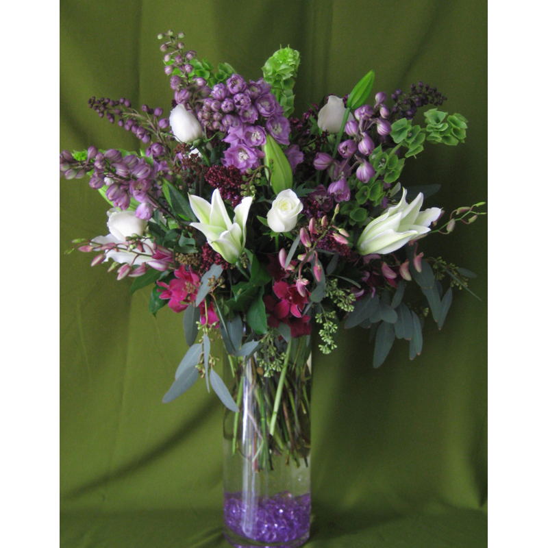 Glass Cylinder w/ Delphiniums, Roses & Lilies
