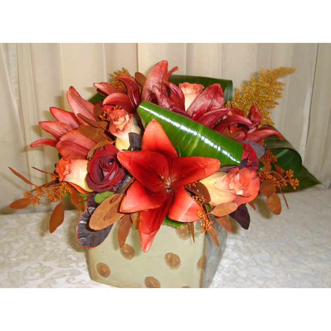 Square Ceramic w/ Red Asiatic Lilies, Roses & Ti Leaf