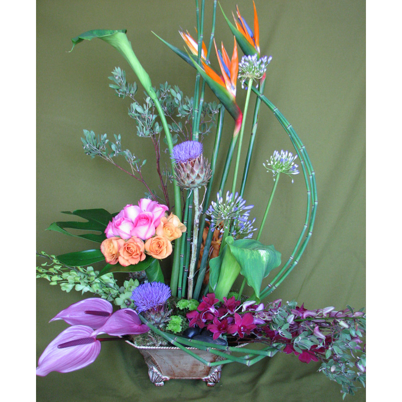 Planter w/ Birds of Paradise, Roses & Horsetail