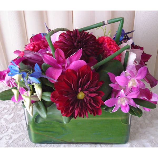 Square Glass w/ Dahlias & Dendrobium Orchids