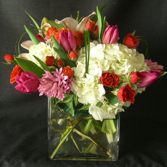 Glass Square w/ Spray Roses & Hyacinth