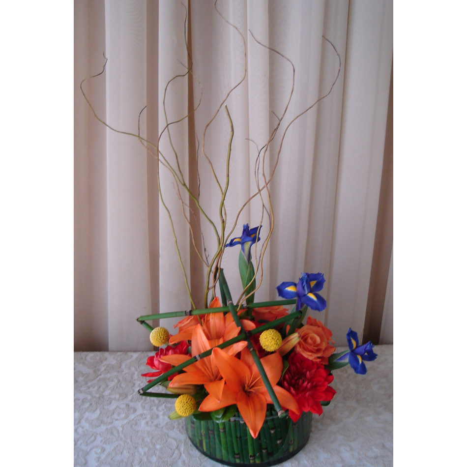 Glass Cylinder w/ Roses, Dahlias & Orange Asiatic Lilies