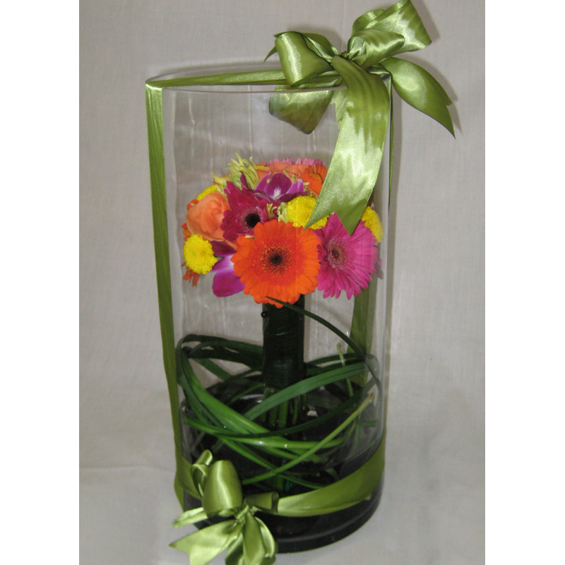 Glass Cylinder w/ Gerbers, Roses & Dendrobium 