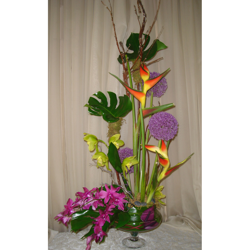Lily Bowl w/ Monstera, Orchids, Lilies & Birds of Paradise