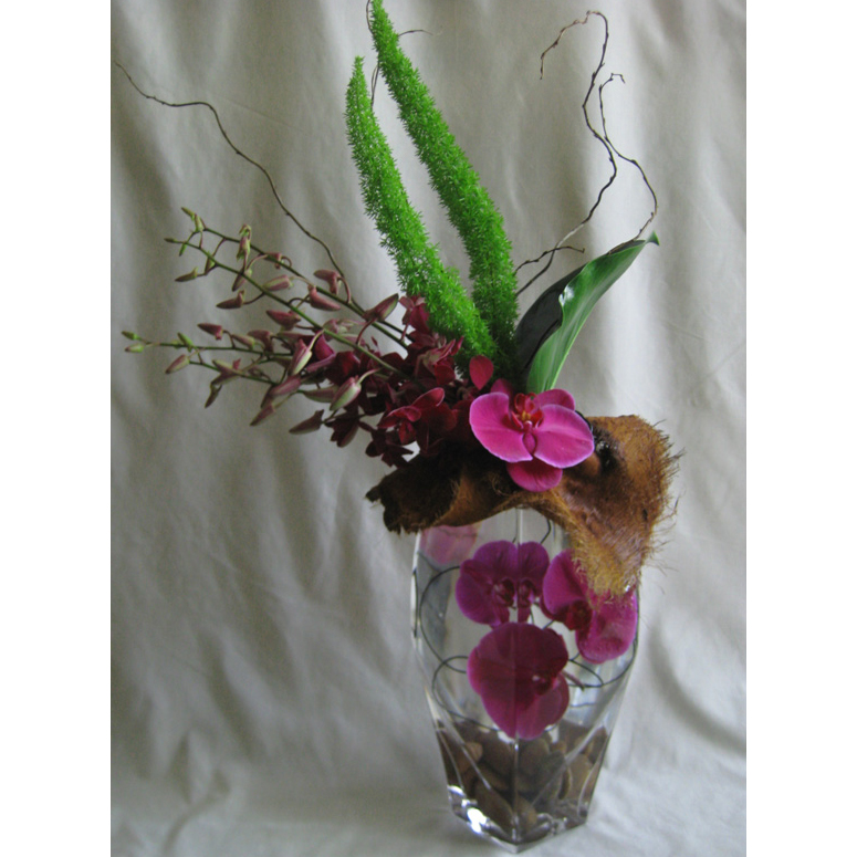 Glass Vase w/ Rocks, Phalaenopsis Orchids & Ti Leaf