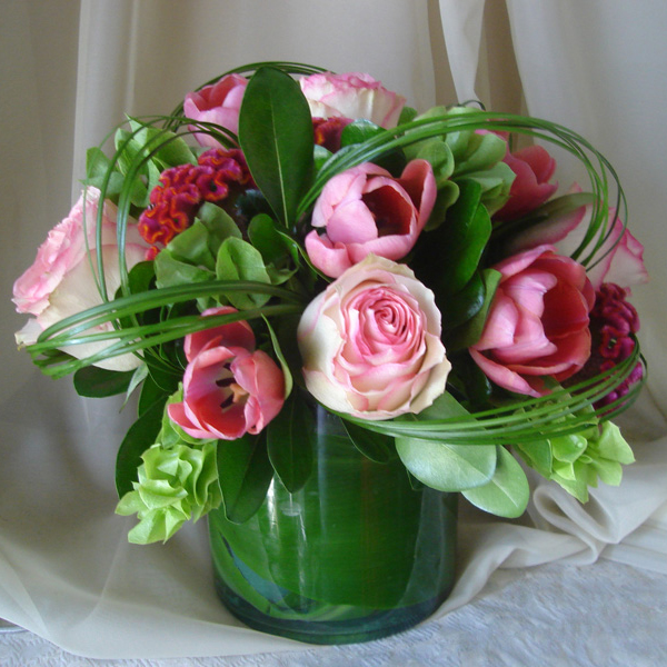 Cylinder w/ Tulips, Roses & Bells of Ireland
