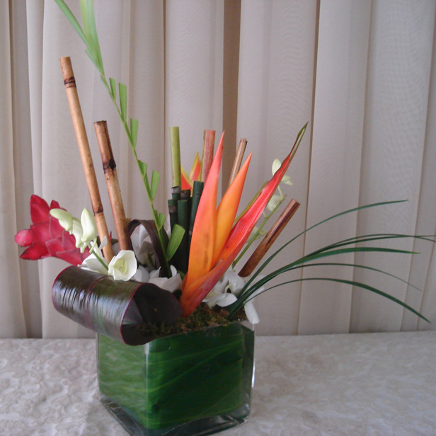 Glass Square w/ Ti Leaves, Bamboo & Birds of Paradise