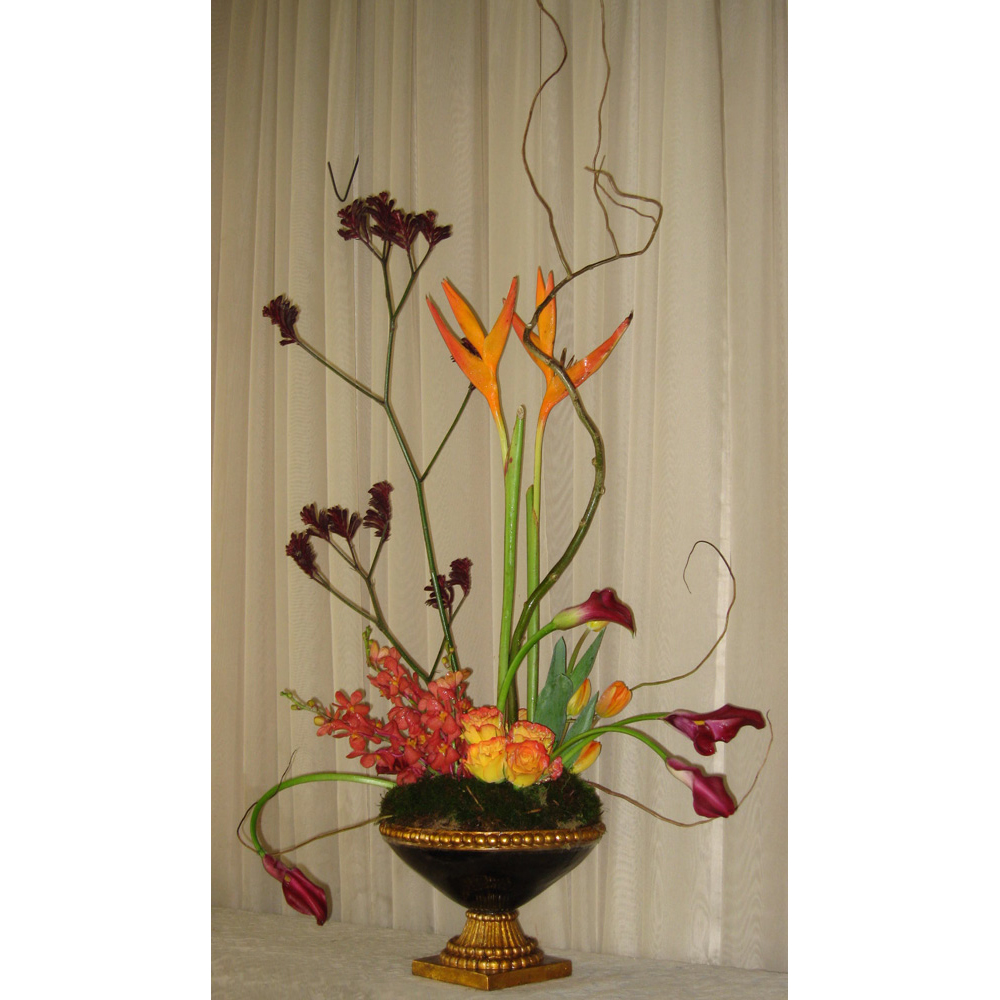 Centerpiece w/ Roses, Tulips, Lilies & Birds of Paradise