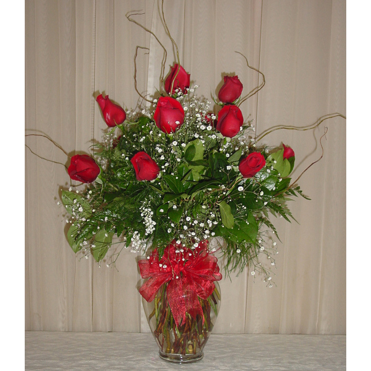 Glass Rose Vase w/ 1 Dozen Roses