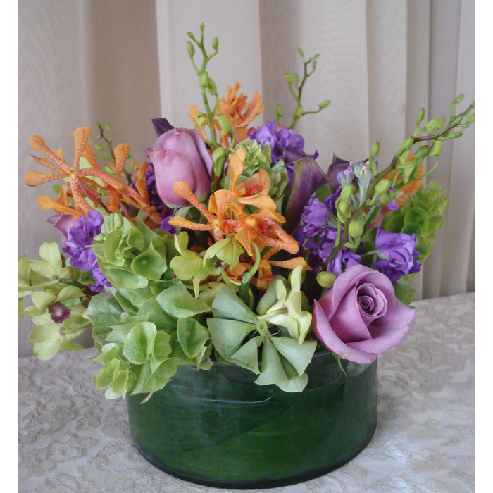 Glass Cylinder w/ Roses, Bells of Ireland & Makara Orchids
