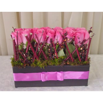 Roses in long black Ceramic Vase, Valentines Day Arrangement