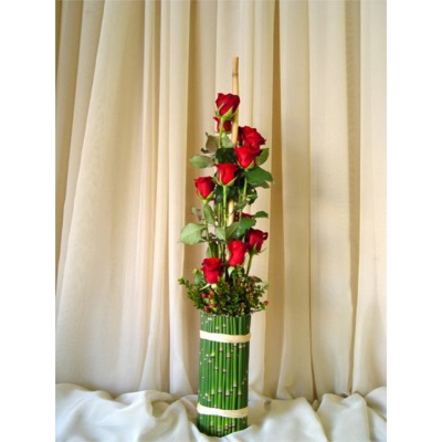 12 Roses in Spiral w/ Horsetail Cylinder Valentines Day Arrangement