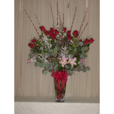 2 Dozen Roses, Lilies in Tapered Glass Square Valentines Day Arrangement