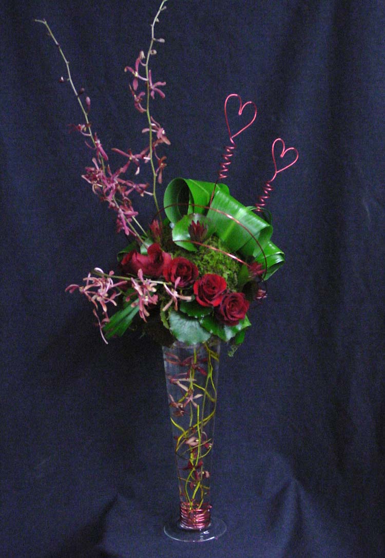 Pilsner Vase w/ 6 Roses, James Storrey Orchids, Moss