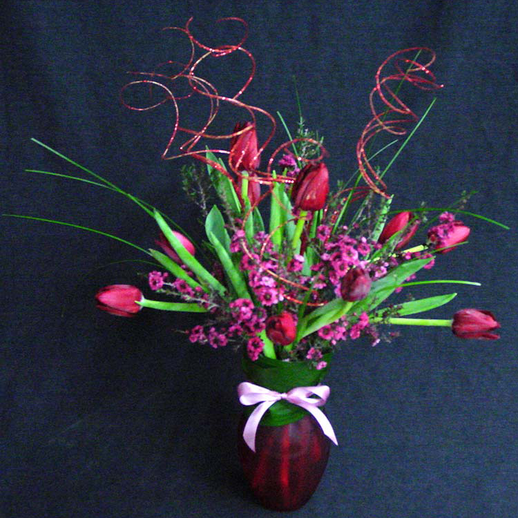 Valentines Day Arrangement Mixed Tulips w/ Red Ting Ting