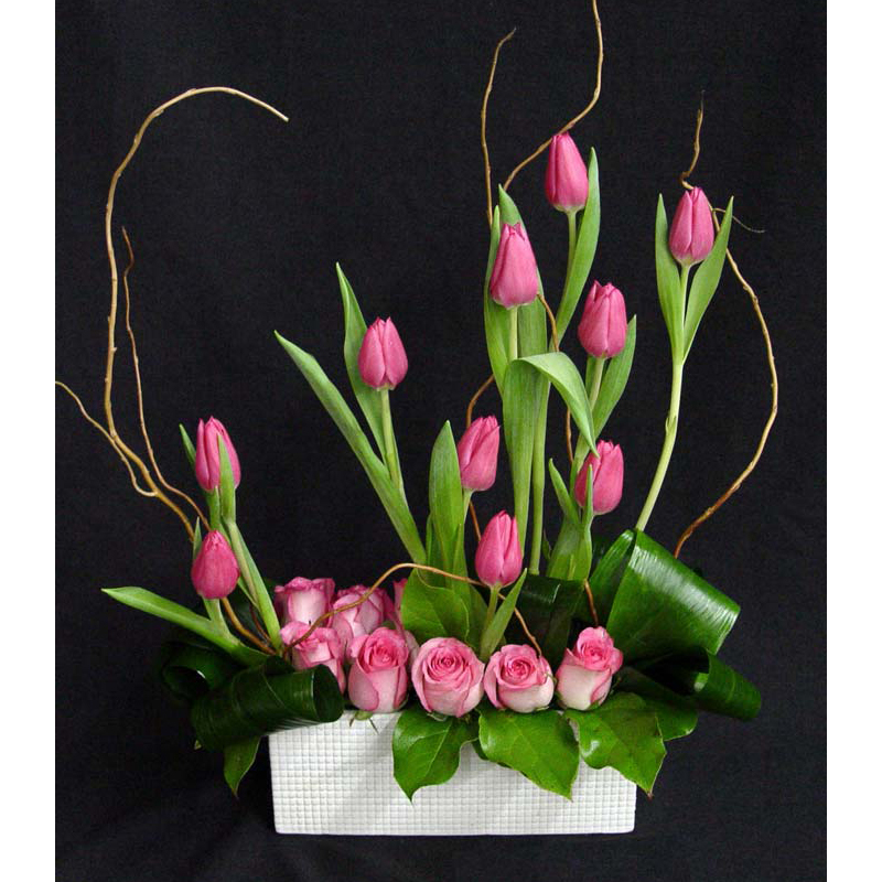 Pink Roses, Tulips in White Ceramic