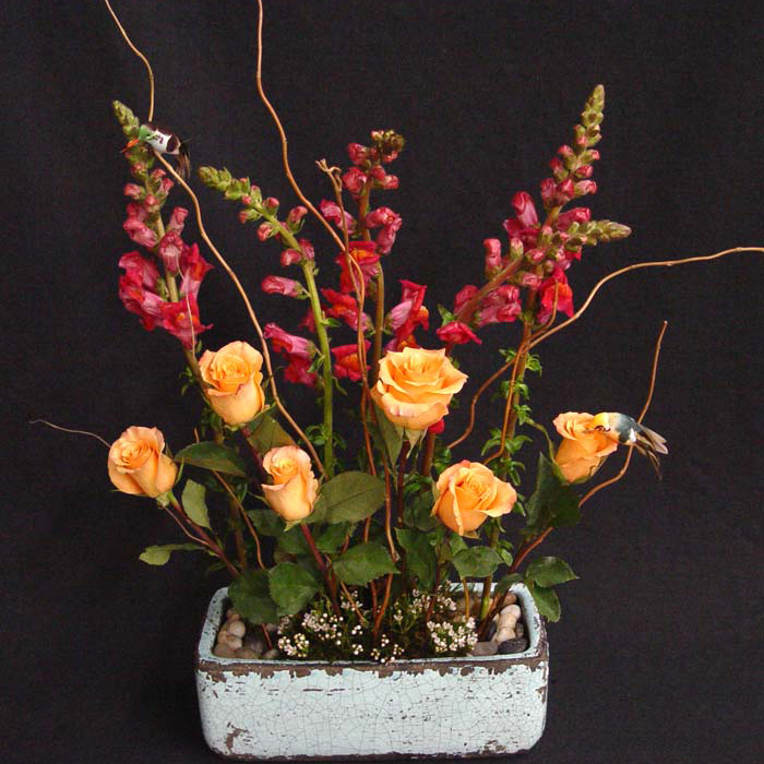 Stone Ceramic w/ Rocks, Roses and Birds