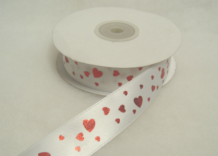 7/8" wide White Polyester Ribbon with Shiny Red Hearts