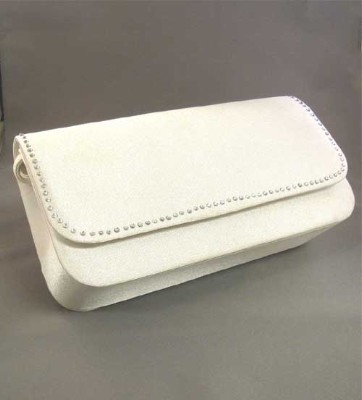 White satin, rhinestone trim evening bag